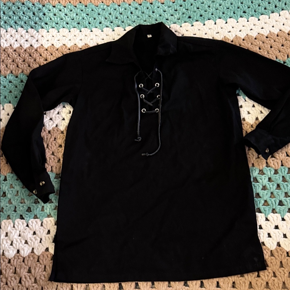 Medieval Pirate Peasant Black Lace-Up Cosplay Tunic Shirt Mens sz Small